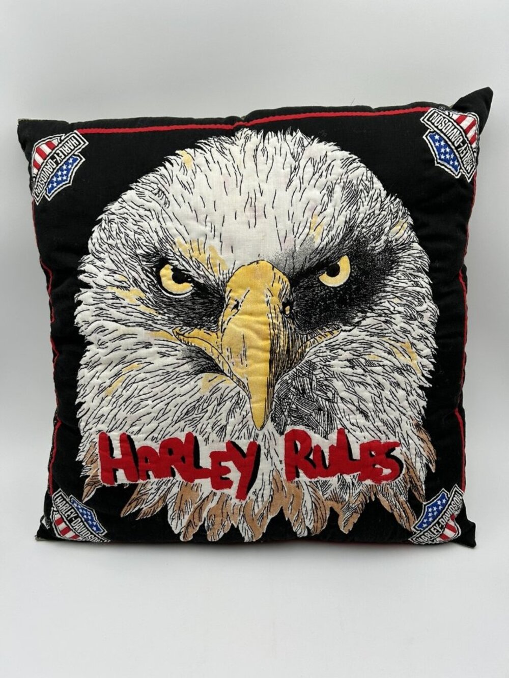 Vintage Harley-Davidson Black Harley Rules Eagle Bandana Handmade Pillow 19”x19”
